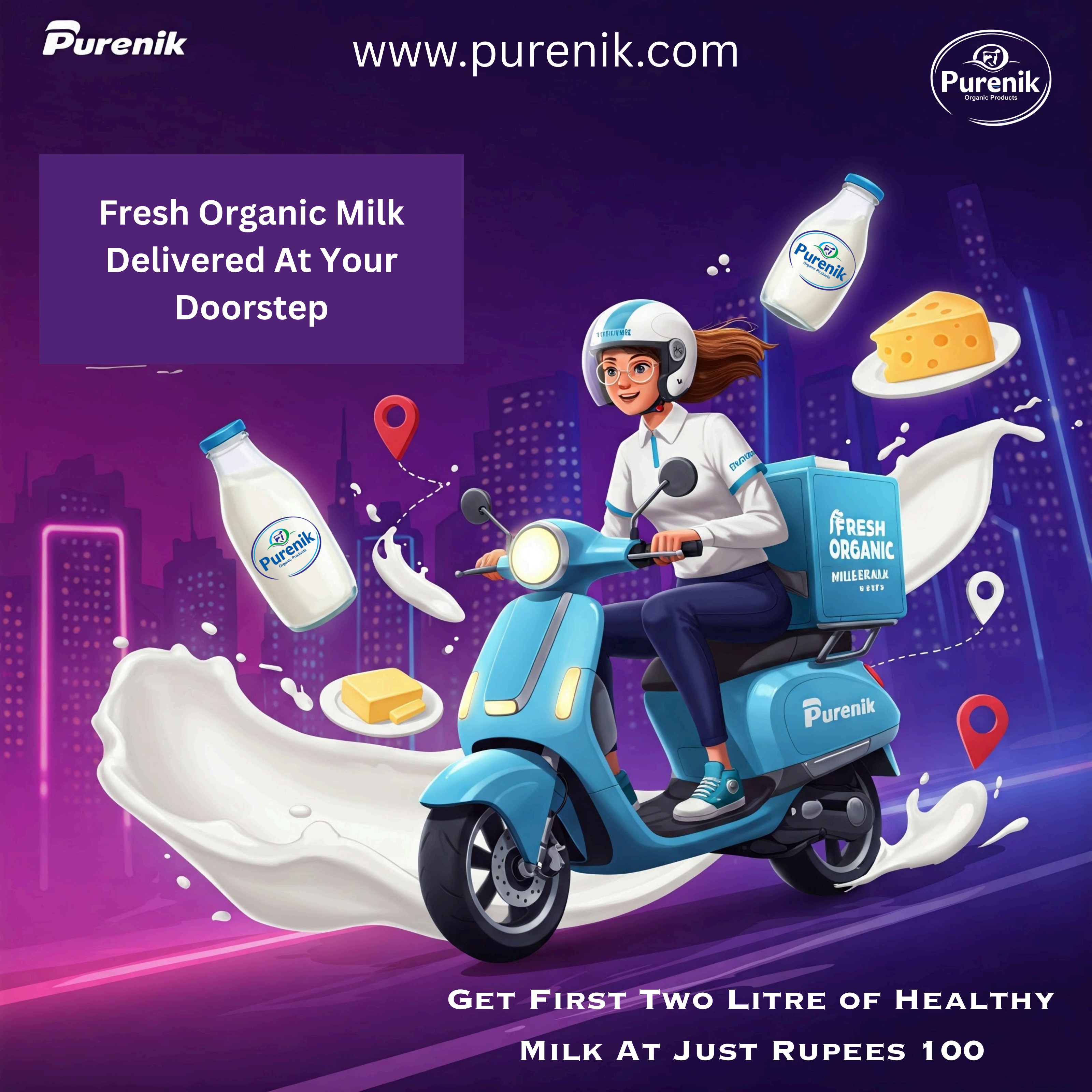 Fresh Organic Milk delivered at your doorstep โ Get first two litres of healthy milk at just โน100. www.purenik.com